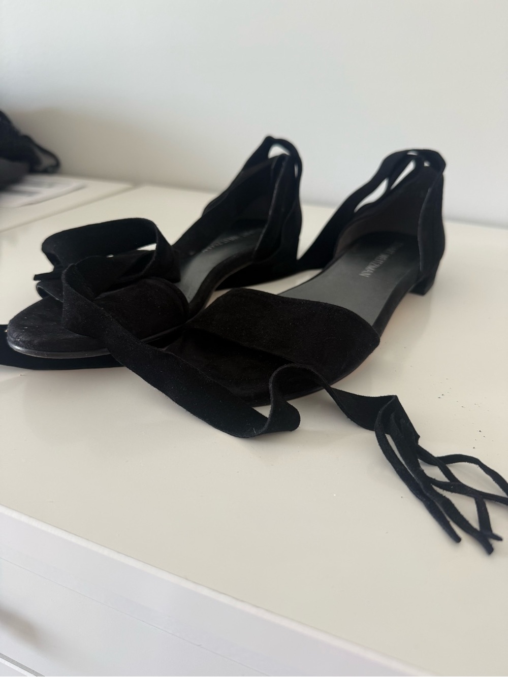 Stuart Weitzman Black Suede Corbata Lace-Up Flat Sandals